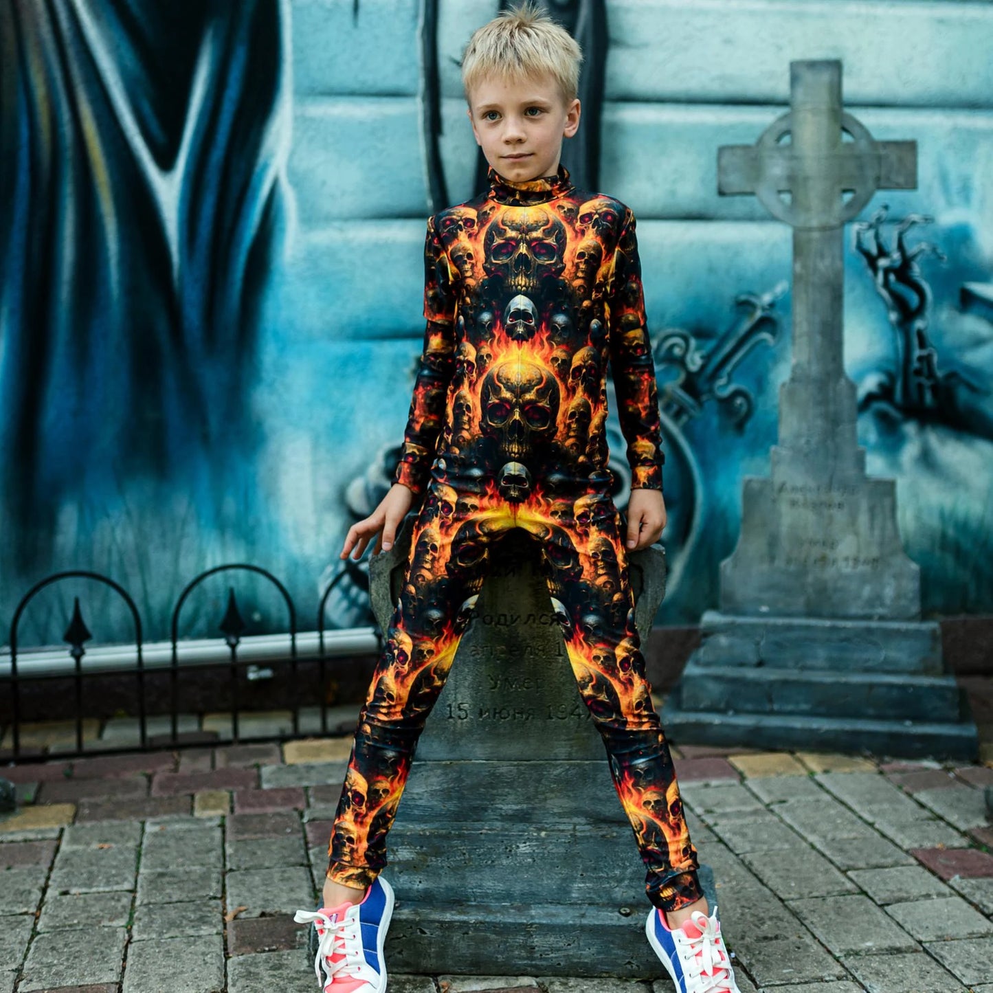 Skull Print Halloween Jumpsuit, Fluorescent Kids Costume