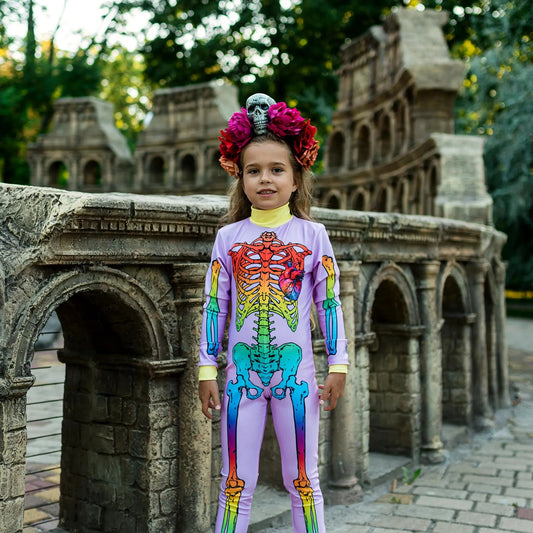 Toddler modeling lilac skeleton outfit, mermaid costume mix-and-match, party ready – Kate Princess Dress.
