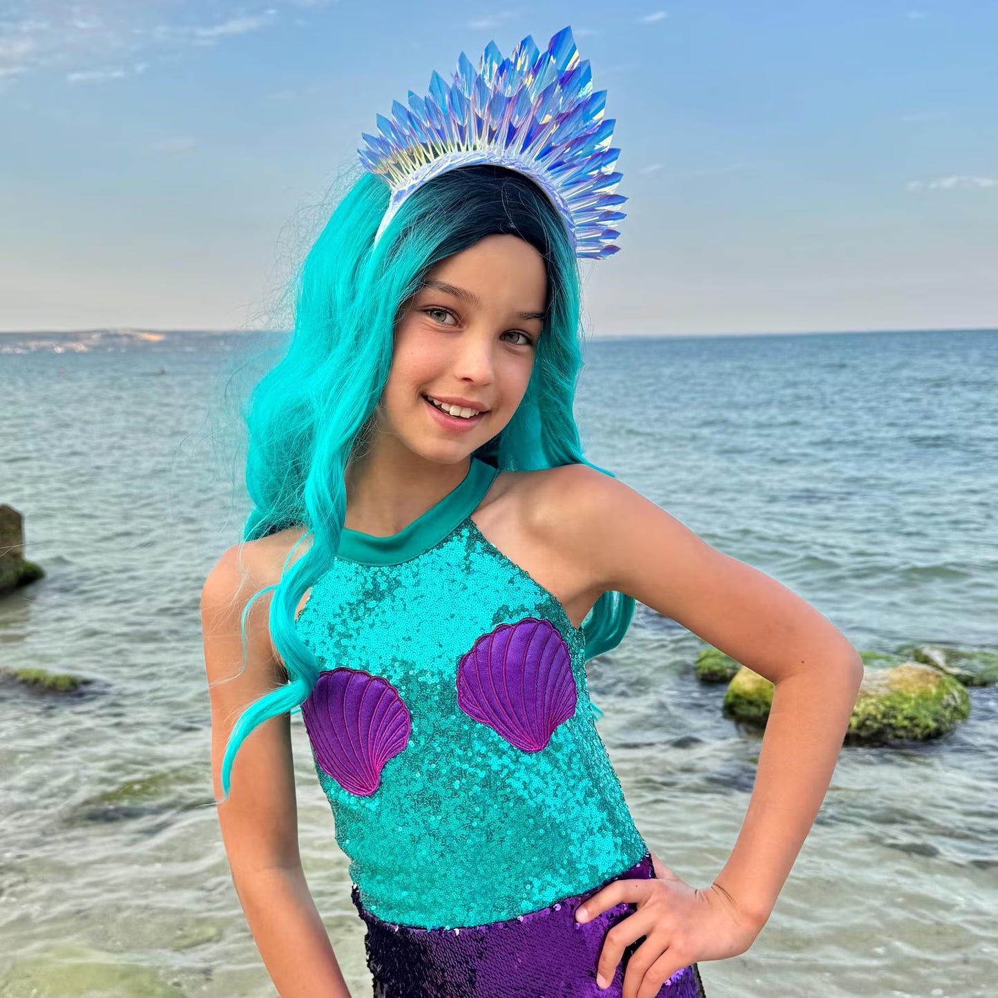Girls Rainbow Mermaid Crown – Sequin Tiara for Princess Costume
