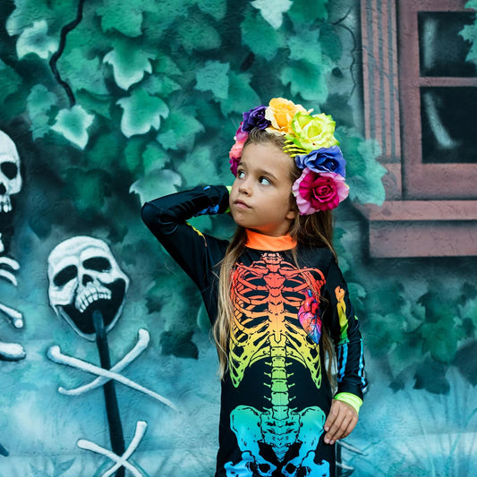 Girl Rainbow Skeleton Halloween Jumpsuit, Spooky Bodysuit