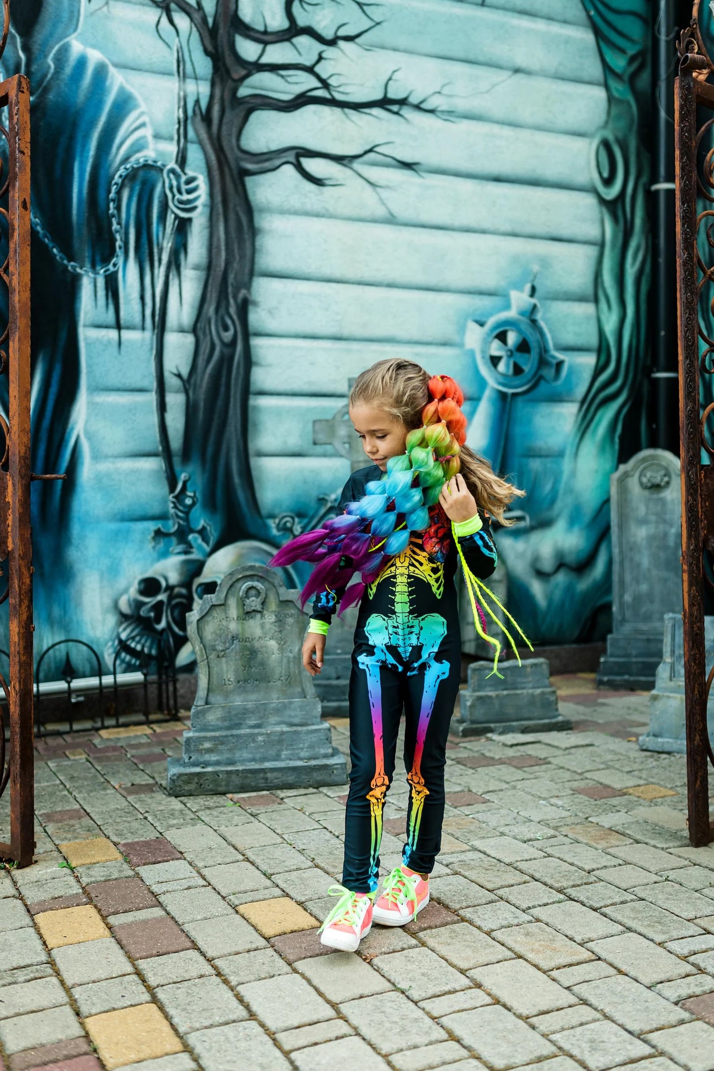 Girl Rainbow Skeleton Halloween Jumpsuit, Spooky Bodysuit