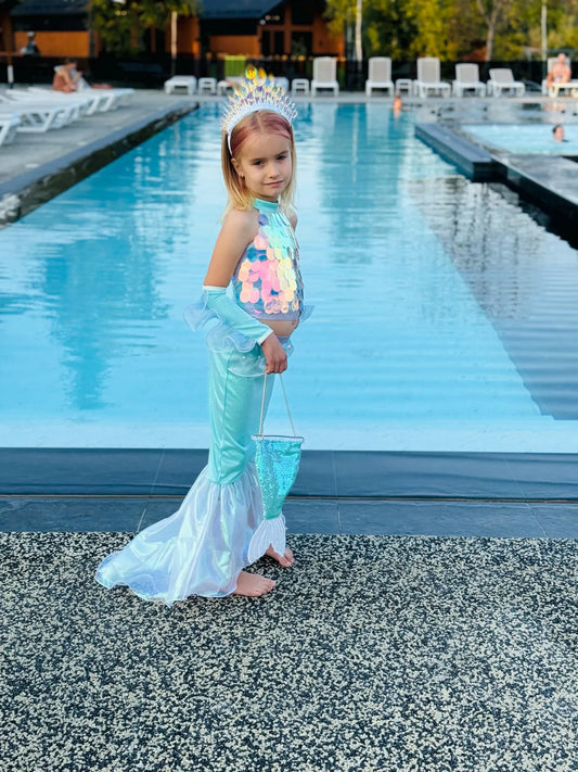 Glittering Mermaid Costume – Sequin Top, Tail Skirt & Gloves Set