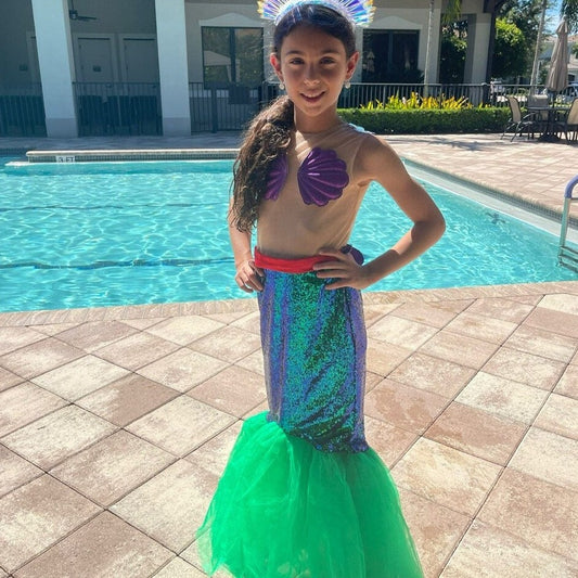 Princess Mermaid Dress for Girls – Green Skirt & Pink Shell Top with Pearl Buttons | Kate Princess Dress