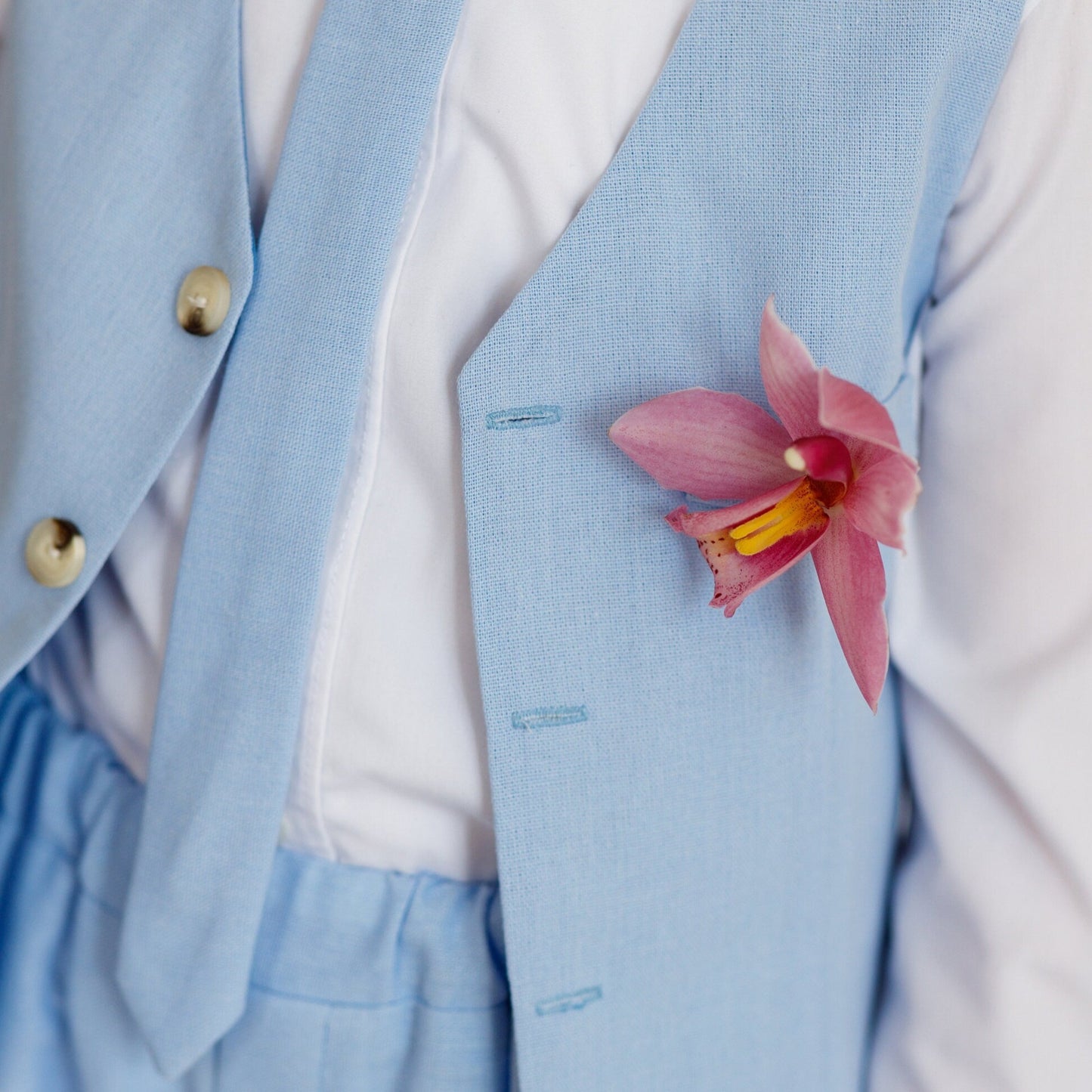 Boy Linen Blue Suit With Suspender Pants Vest And Tie