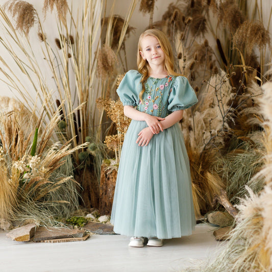 Sage Green Embroidered Boho Dress, Mint Tulle for Wedding