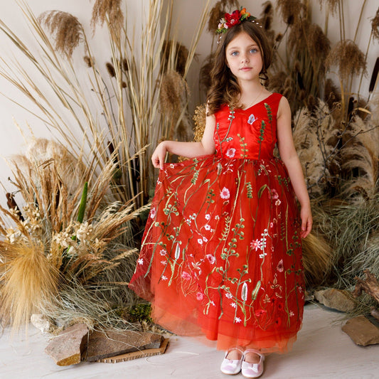 Burn Orange Girl Wedding Dress, Birthday Lace Embroidered Dress