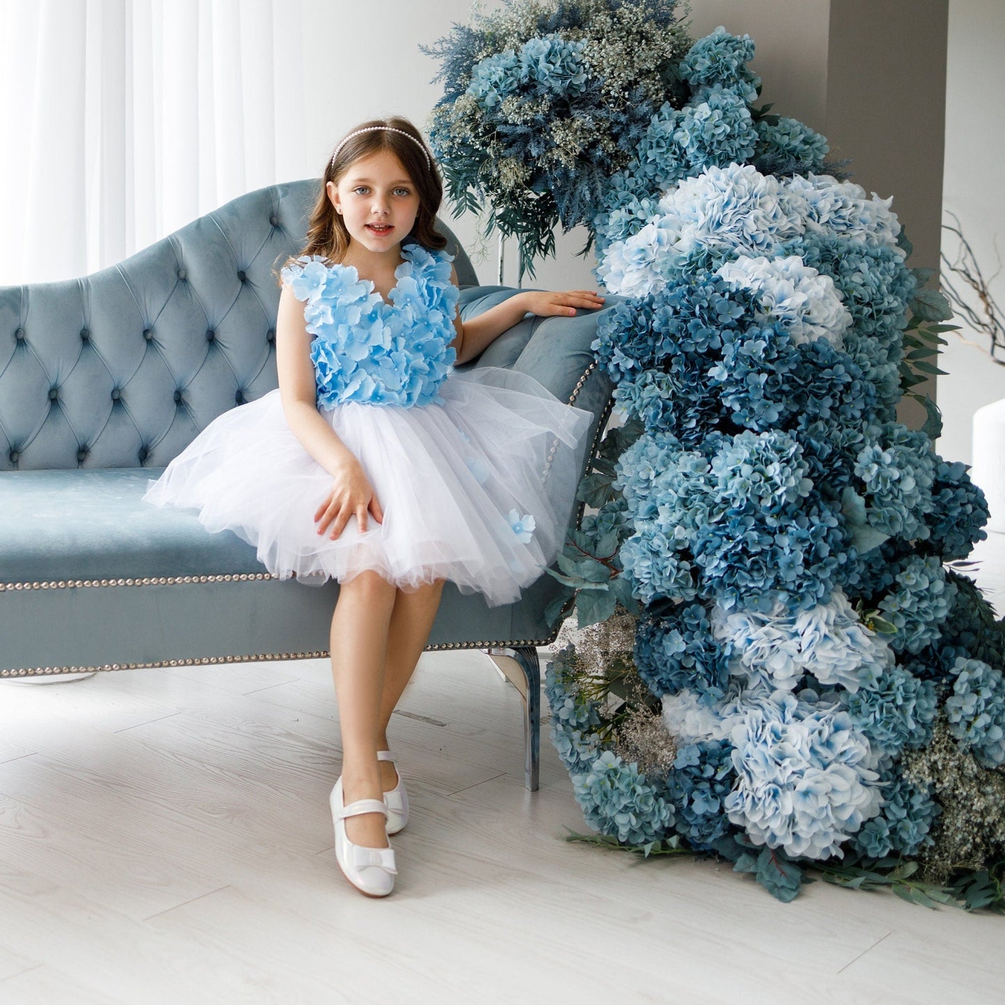 Girl Flower Dress, White Wedding Girl, Blue Tutu Dress