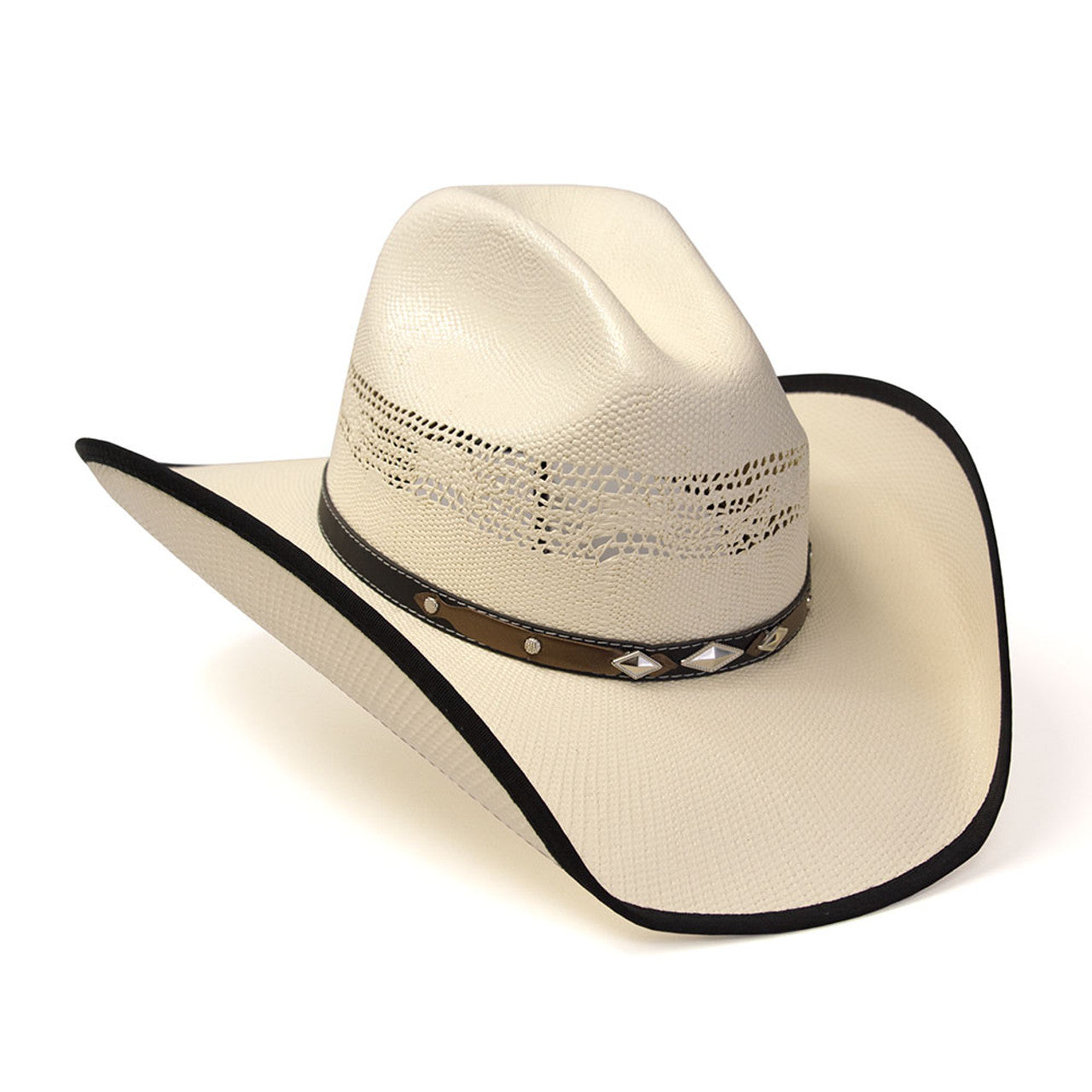 Natural Straw Western Cattleman Hat with Black Trim & Diamond Concho Hat Band