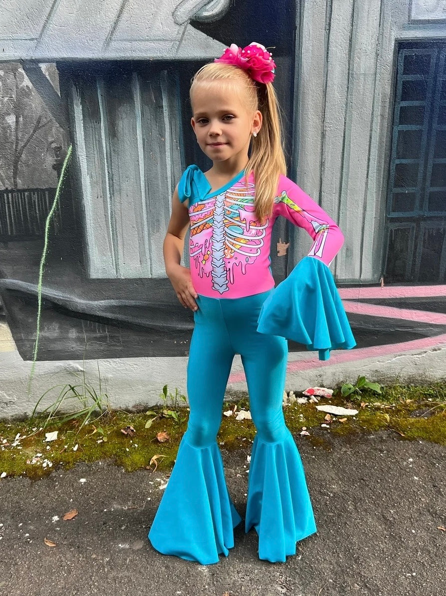 Girls Turquoise Halloween Bodysuit – Skull & Mermaid Tail Costume  Under-the-Sea Delight