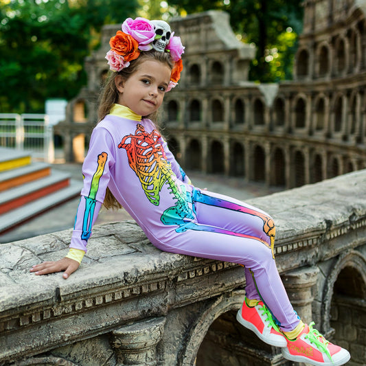 Lilac skeleton jumpsuit for girls, princess costume pairing, rainbow bone print – Kate Princess Dress. 