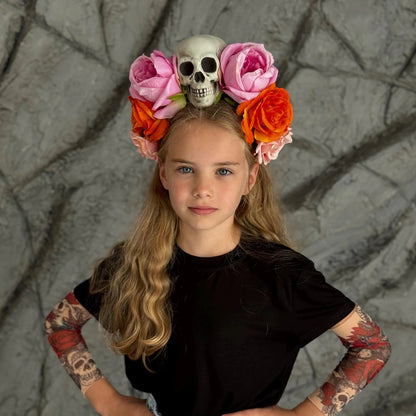 Skull flower crown styled with a princess costume, turquoise touch – Kate Princess Dress.