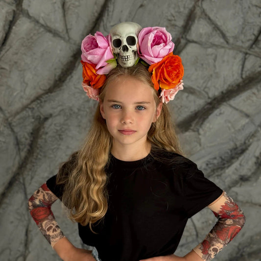 Skull flower crown styled with a princess costume, turquoise touch – Kate Princess Dress.