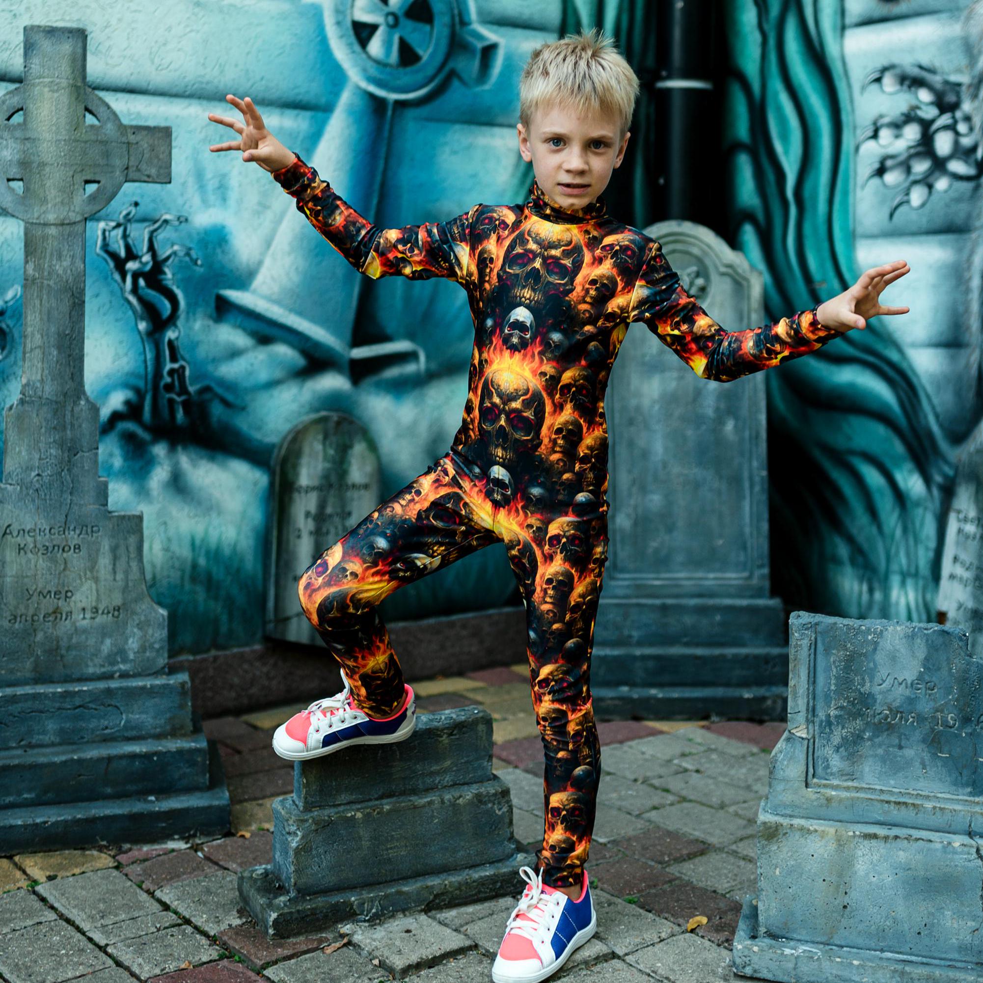 Skull Print Halloween Jumpsuit for Boys, Unique Fluorescent Kids Costume