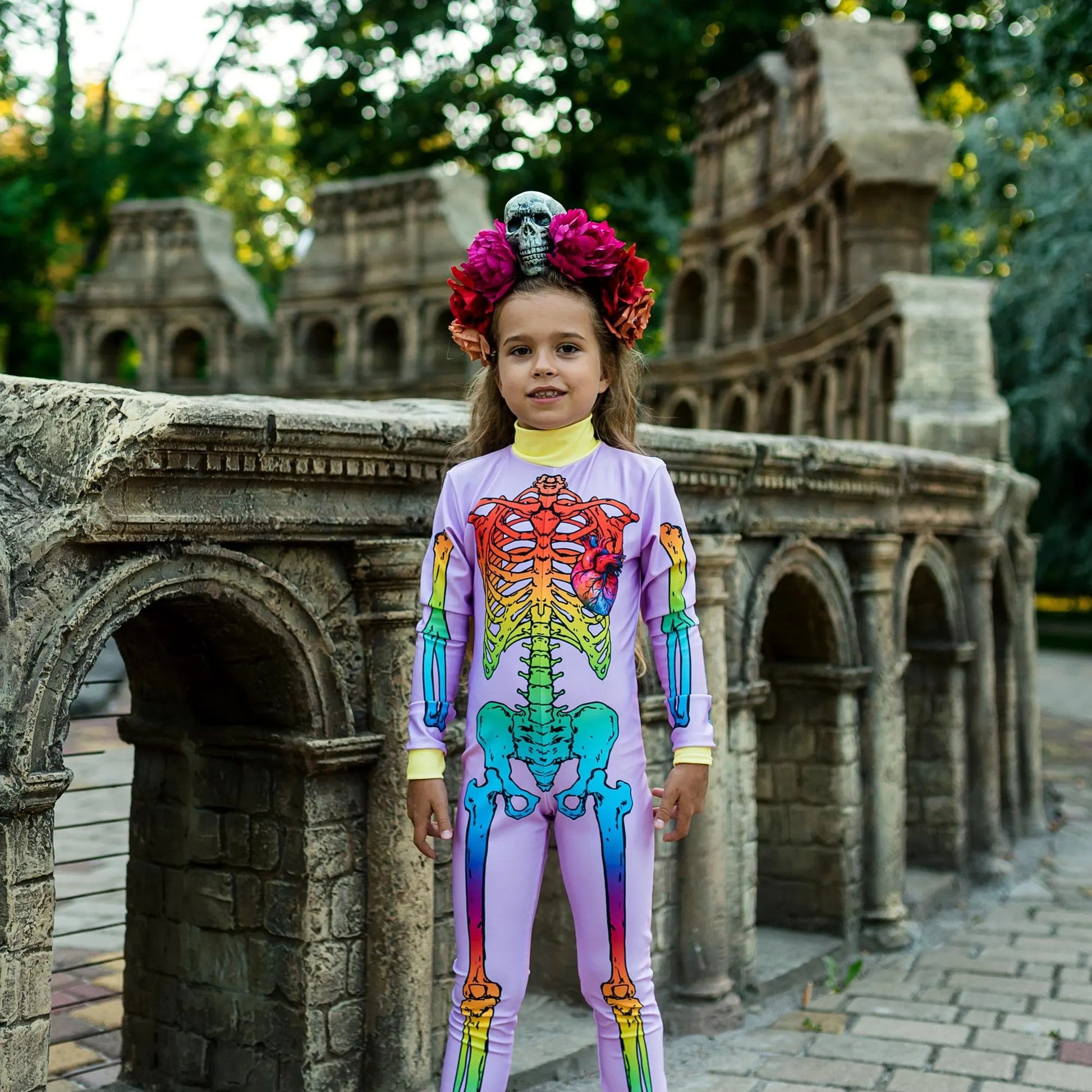 Toddler modeling lilac skeleton outfit, mermaid costume mix-and-match, party ready – Kate Princess Dress. 