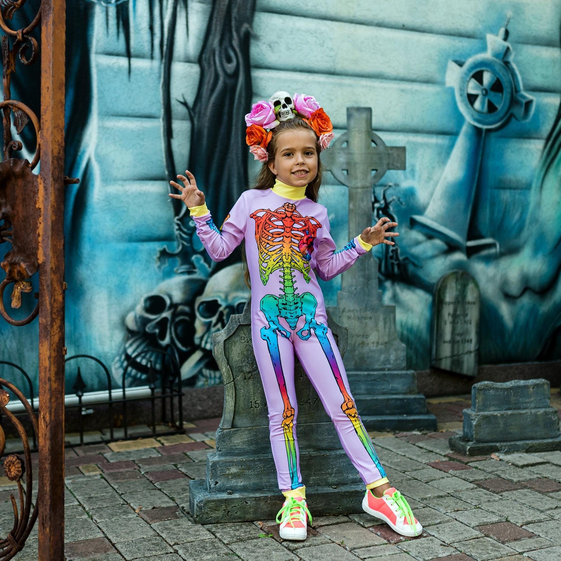Close-up of stretchy lilac fabric and bones graphic, under the sea costume sibling set – Kate Princess Dress. 