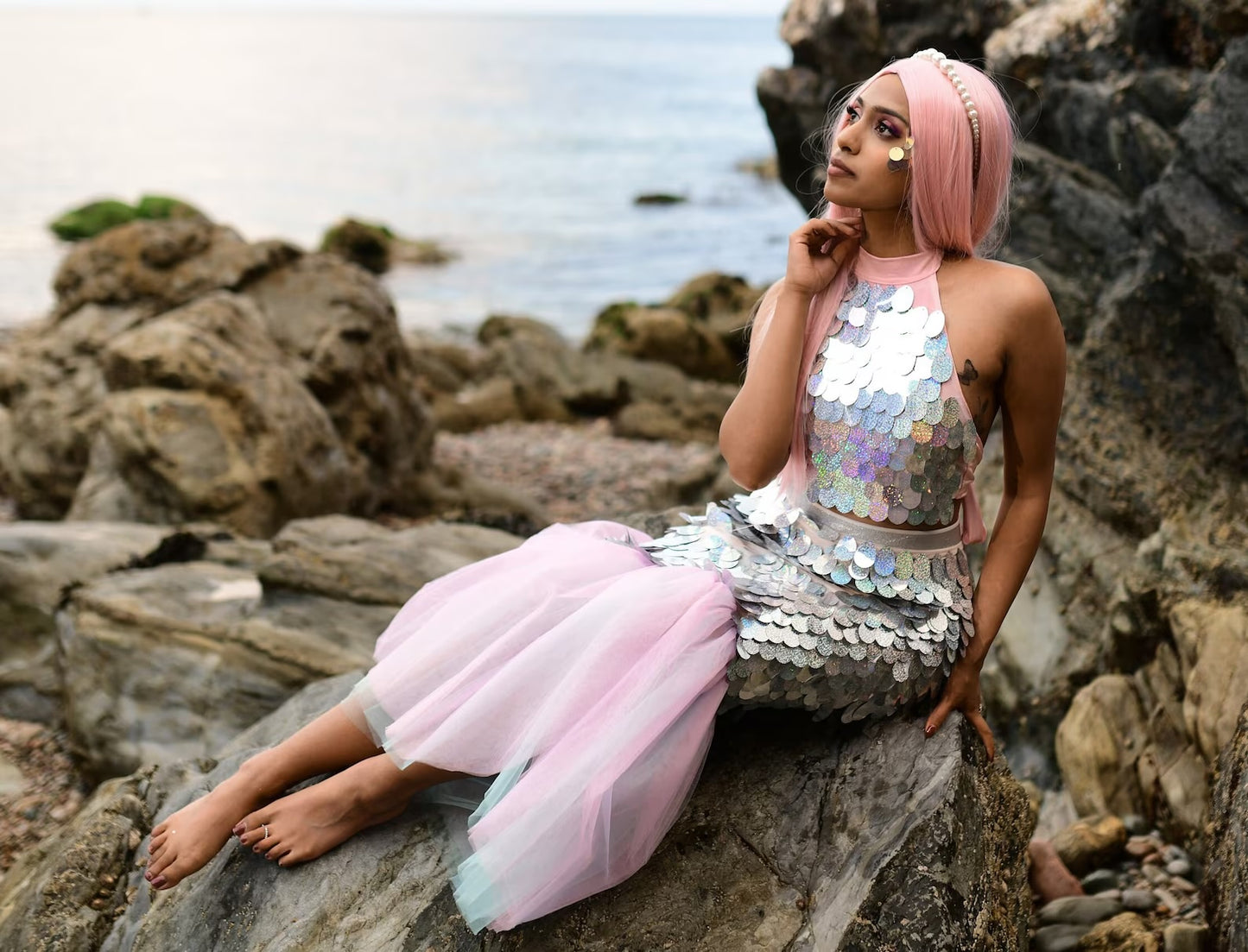 Silver Mermaid Tail Halloween Costume  - Fish Skirt and Top