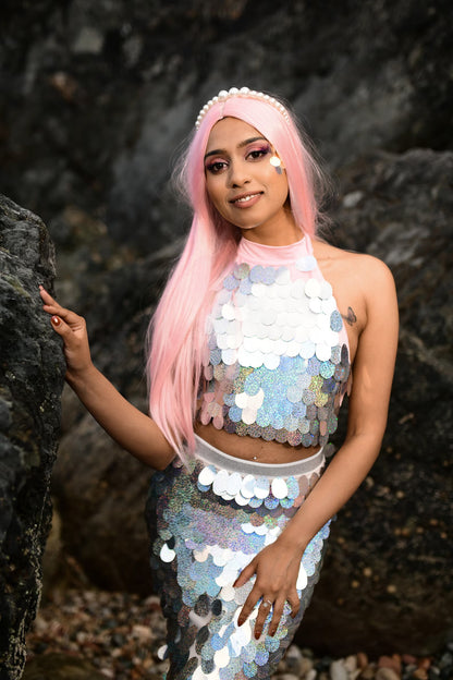 Silver Mermaid Tail Halloween Costume  - Fish Skirt and Top