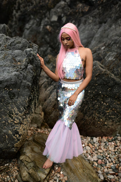 Silver Mermaid Tail Halloween Costume  - Fish Skirt and Top