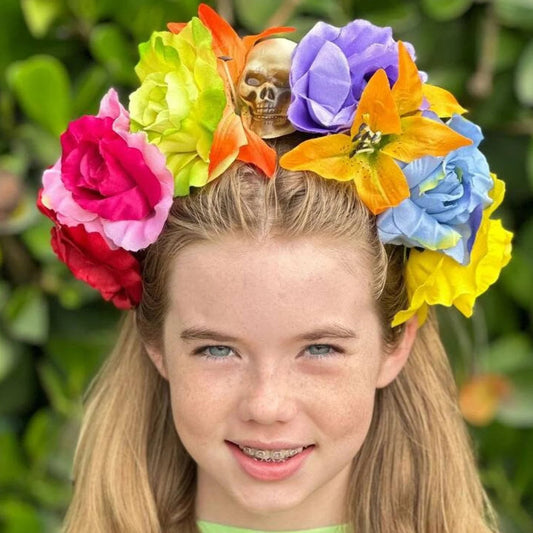 Sugar skull flower crown headband for a princess costume, turquoise accent – Kate Princess Dress.