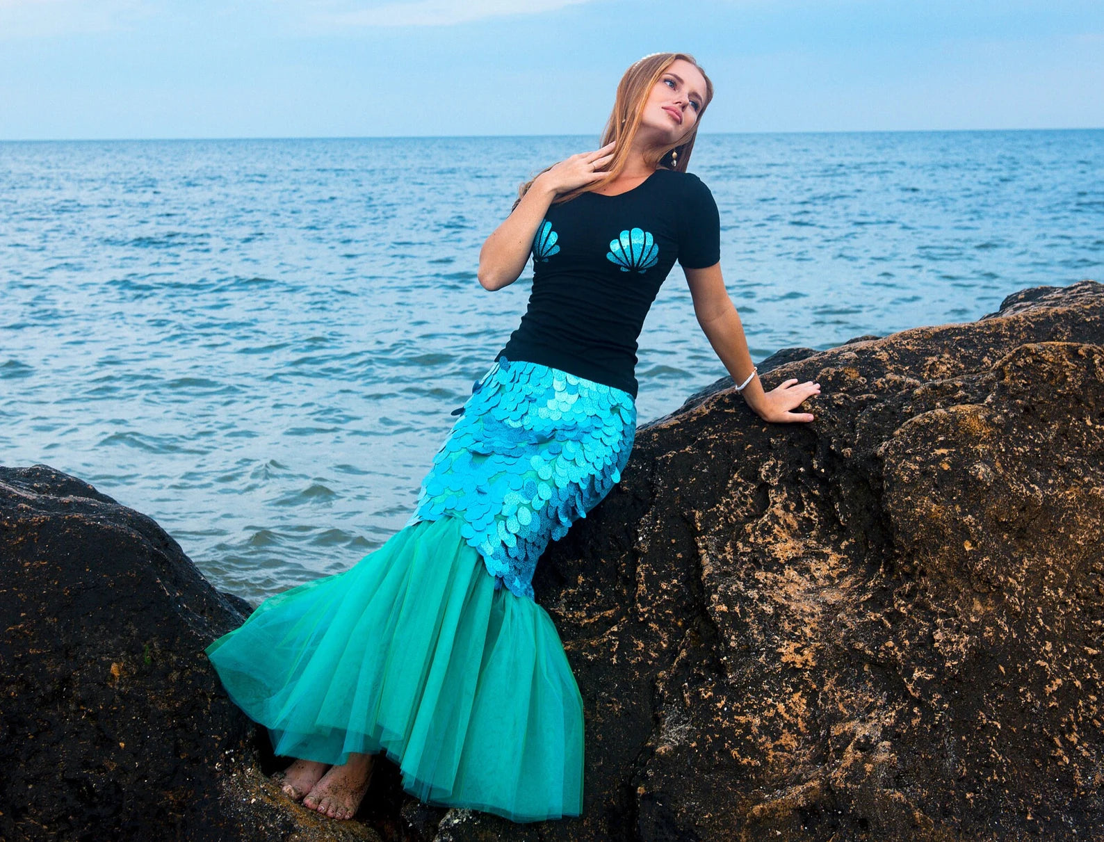 Sequin Mermaid Tail Skirt & Black Shell Tee - Turquoise Costume for Adults