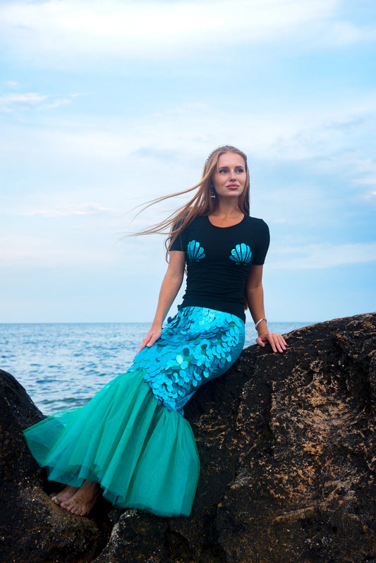 Sequin Mermaid Tail Skirt & Black Shell Tee