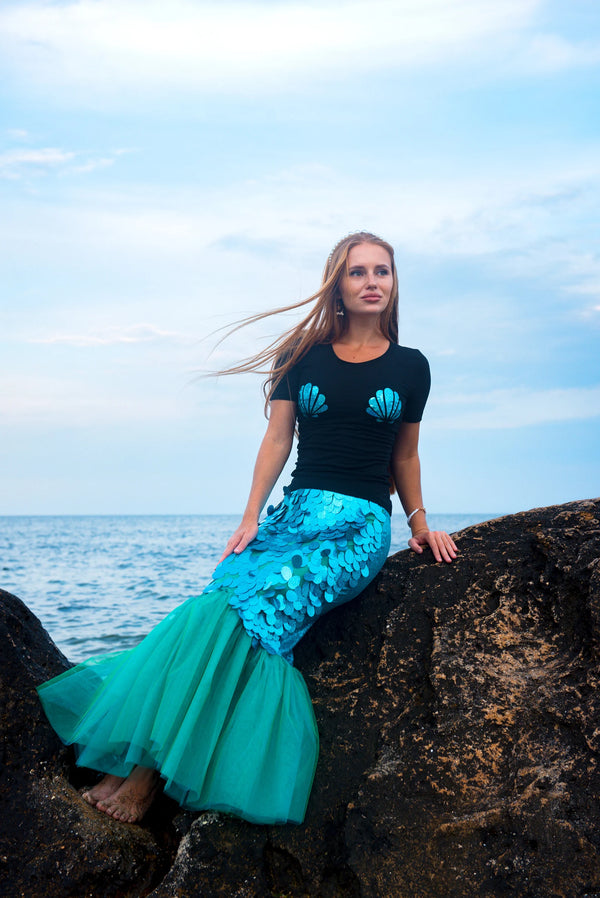 Sequin Mermaid Tail Skirt & Black Shell Tee - Turquoise Costume for Adults