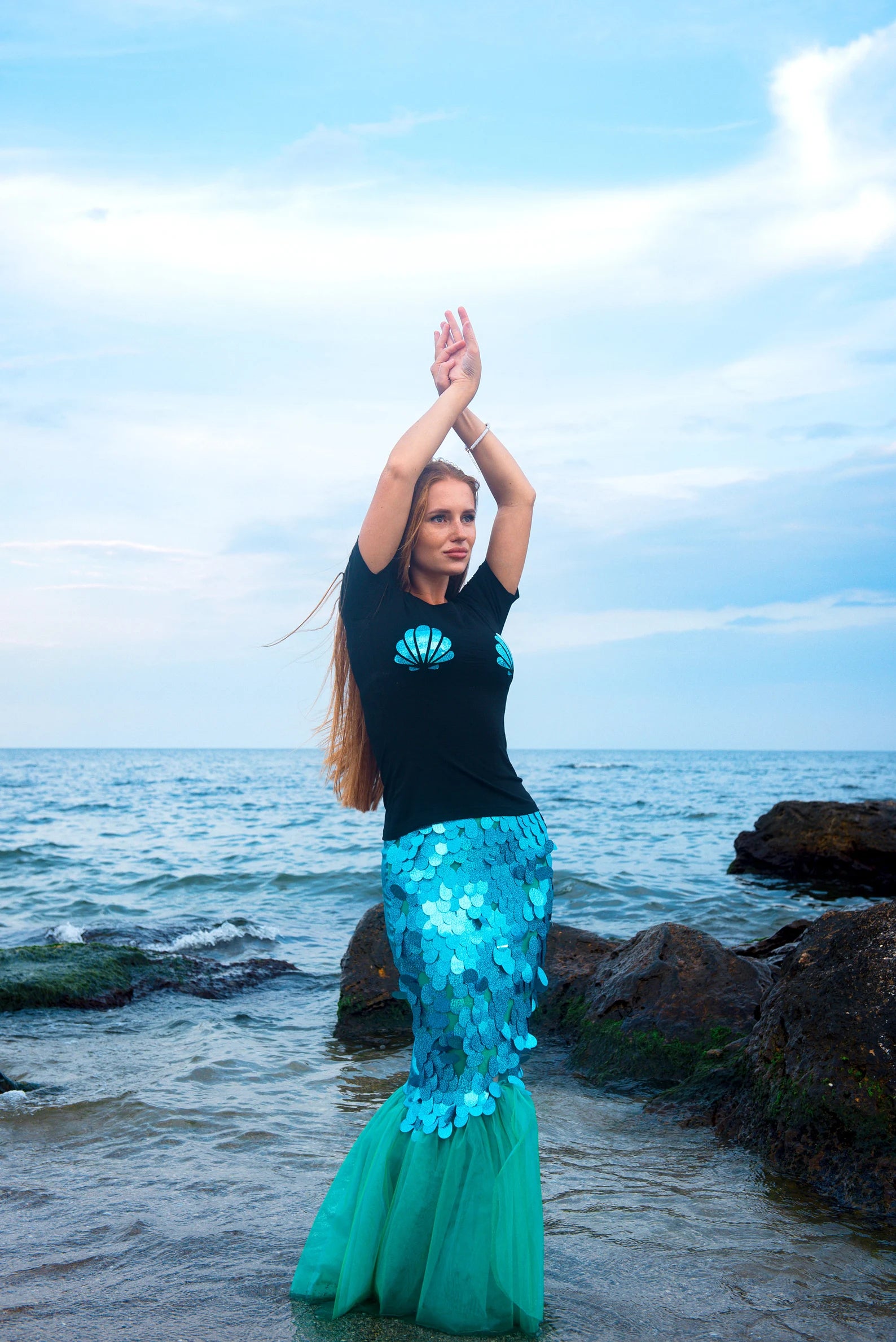 Sequin Mermaid Tail Skirt & Black Shell Tee - Turquoise Costume for Adults