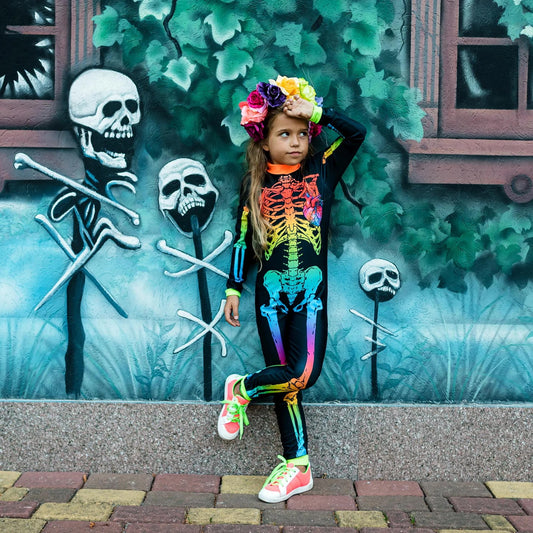 Girl Rainbow Skeleton Halloween Jumpsuit,  Spooky Bodysuit