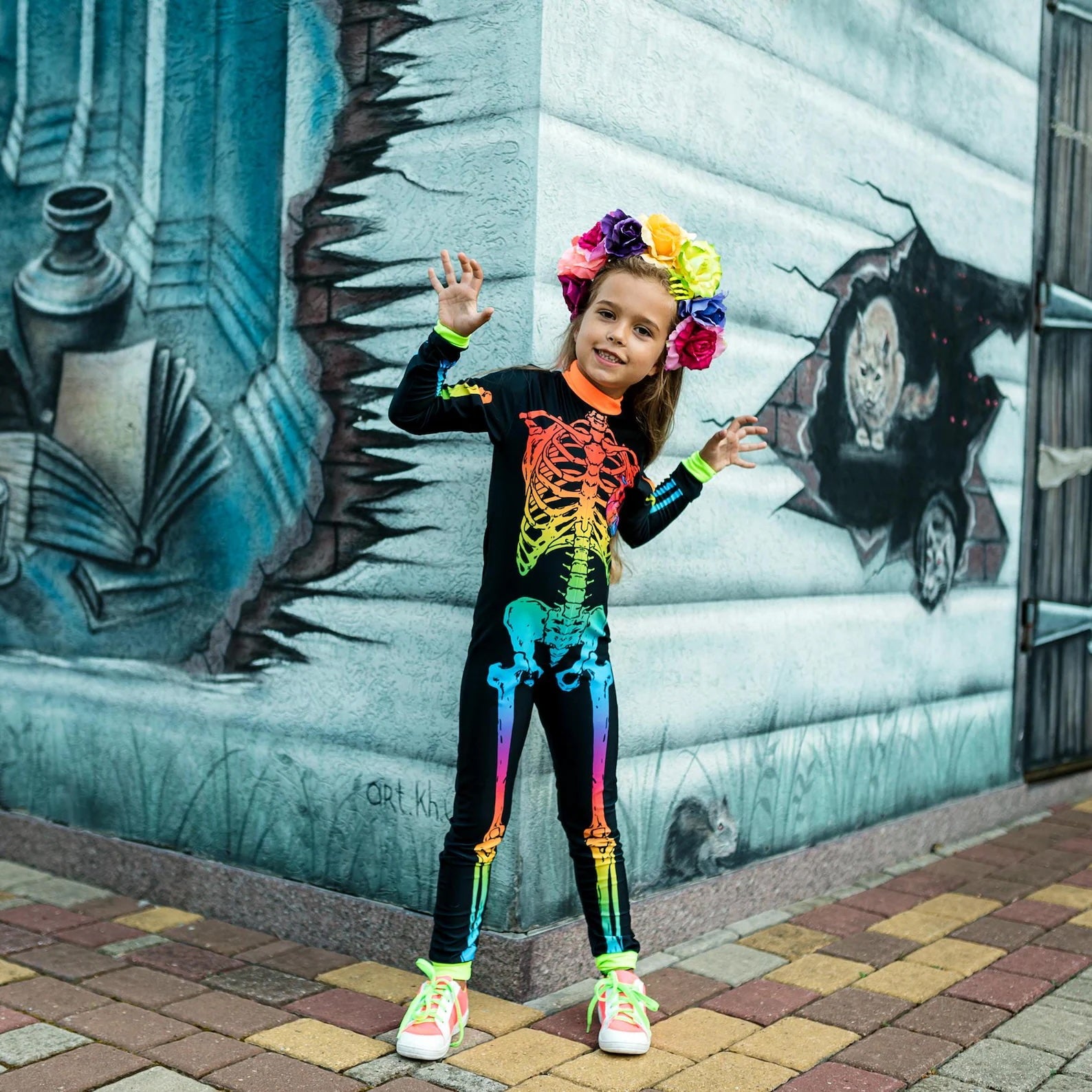 Rainbow Skeleton Halloween Jumpsuit for Girls, Spooky Bodysuit