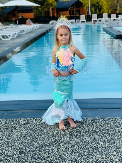 Glittering Mermaid Costume  – Sequin Top, Tail Skirt & Gloves Set
