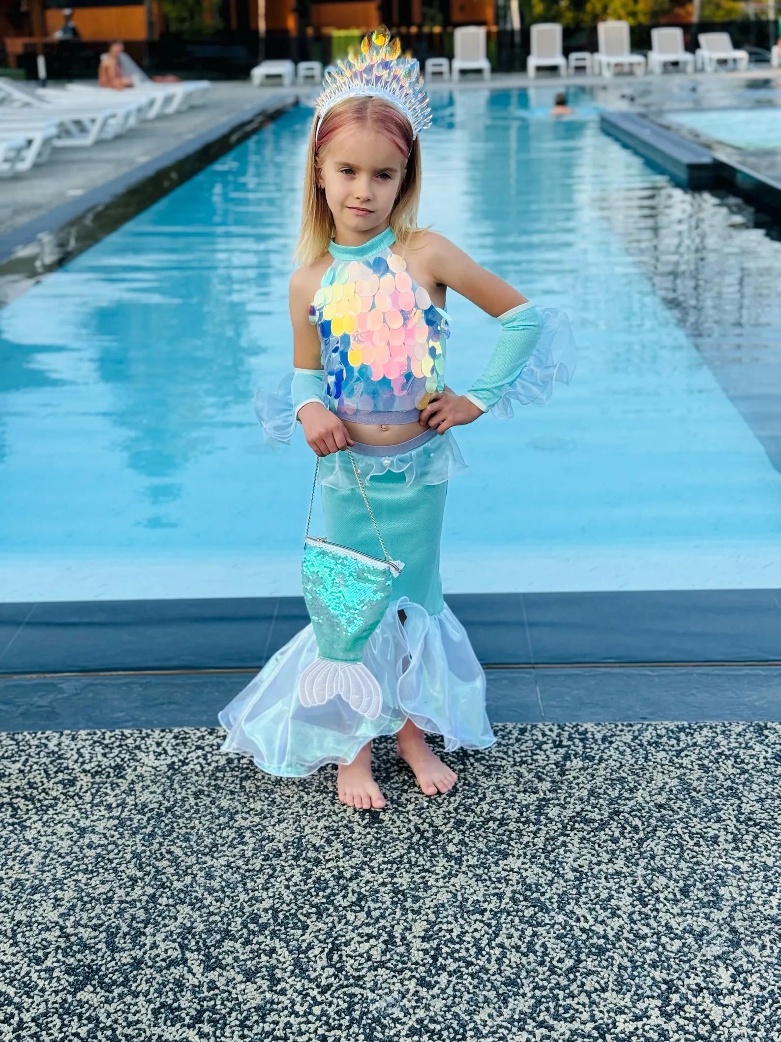 Glittering Mermaid Costume  – Sequin Top, Mermaid Tail Skirt & Gloves Set