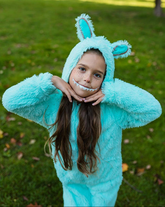 princess costume, mermaid costume, under the sea costume; fuzzy hood with ears close-up; holographic, turquoise – Kate Princess Dress