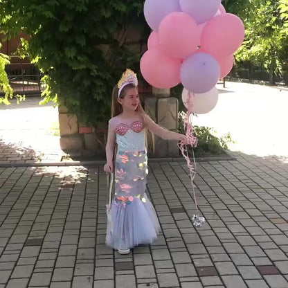 Mermaid Princess Dress for Girls — Holographic Sequins Fishtail Tutu, Long Sleeve