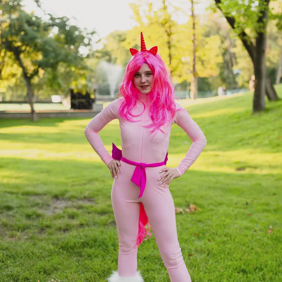 Pink unicorn pony costume for women—cute hood, horn, and tail, comfy fit for Halloween parties