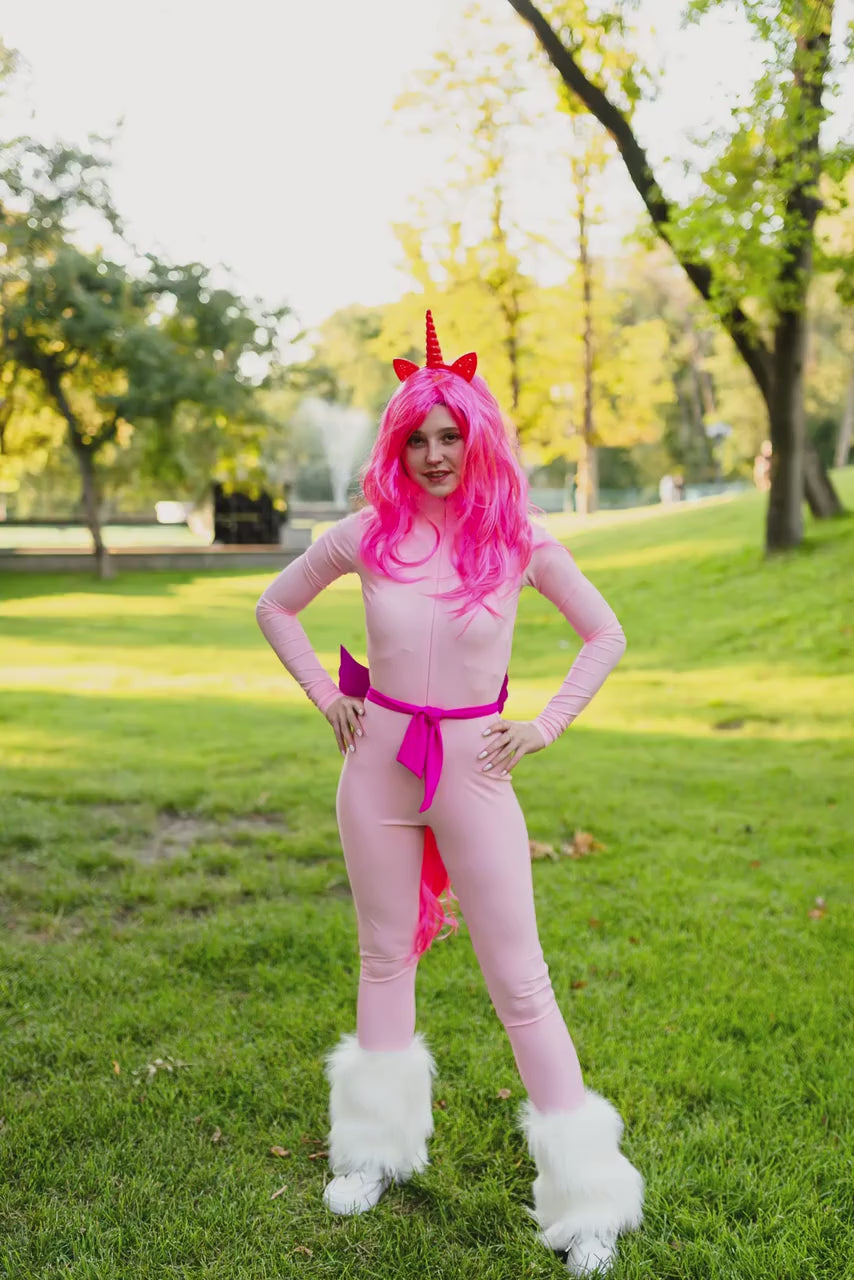 Pink unicorn pony costume for women—cute hood, horn, and tail, comfy fit for Halloween parties