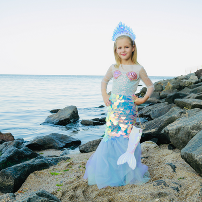 princess costume, turquoise holographic — full front view with fishtail — Kate Princess Dress