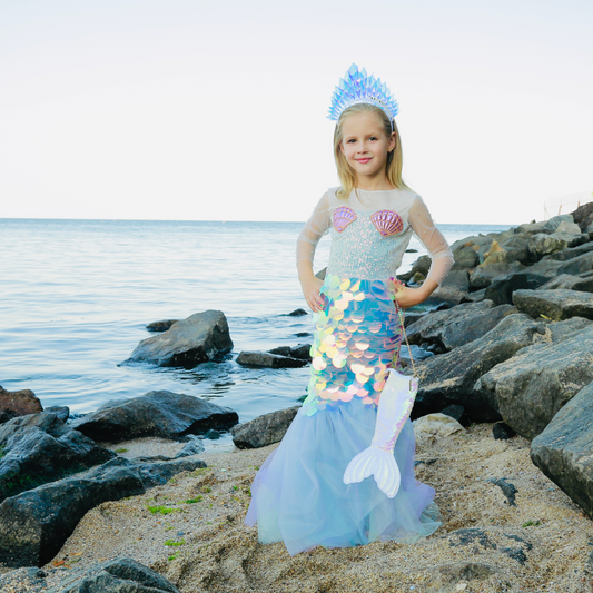 princess costume, turquoise holographic — full front view with fishtail — Kate Princess Dress
