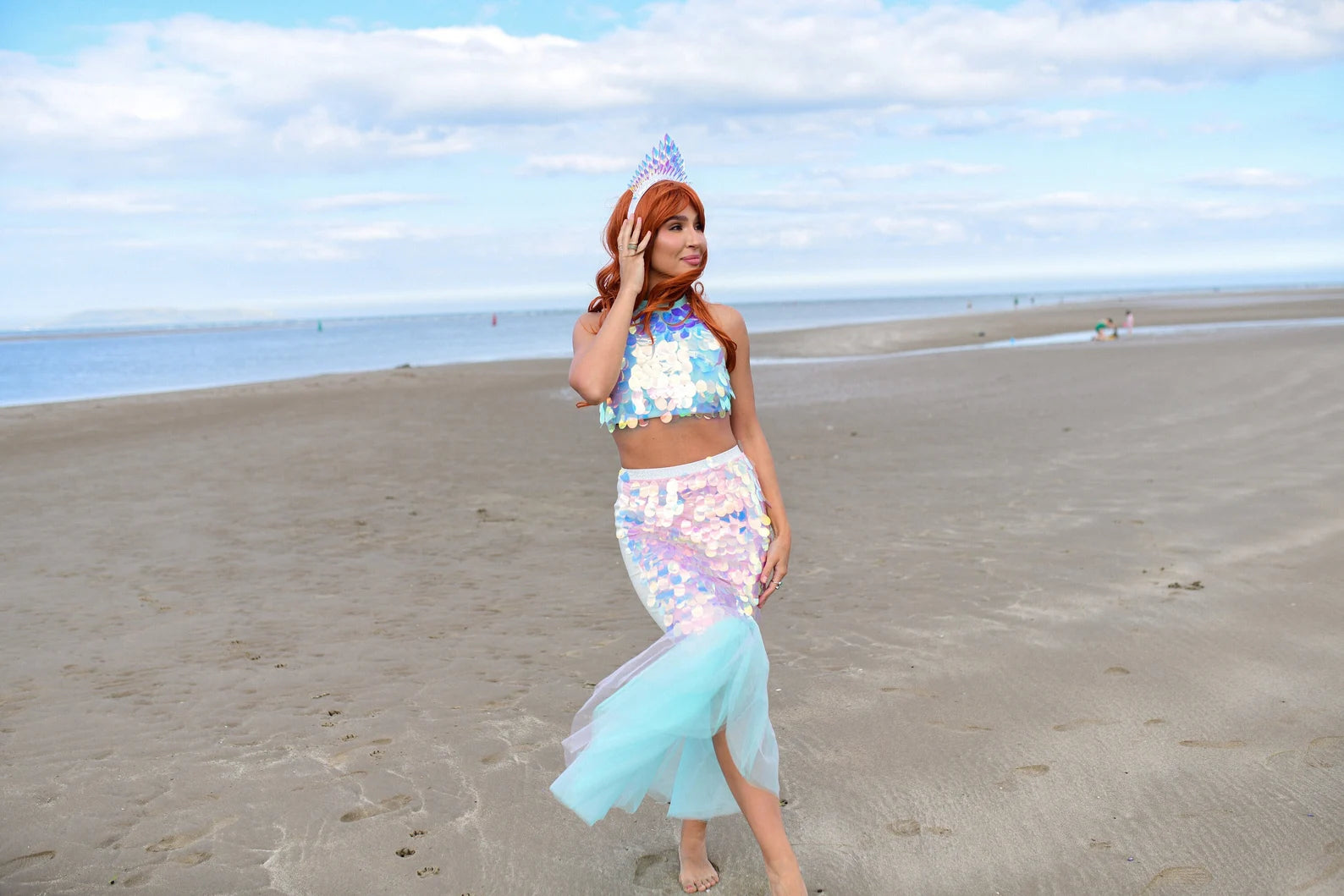 Adult Mermaid Costume - Sequin Crop Top, Tulle Mermaid Tail Skirt & Crown for Beach Parties