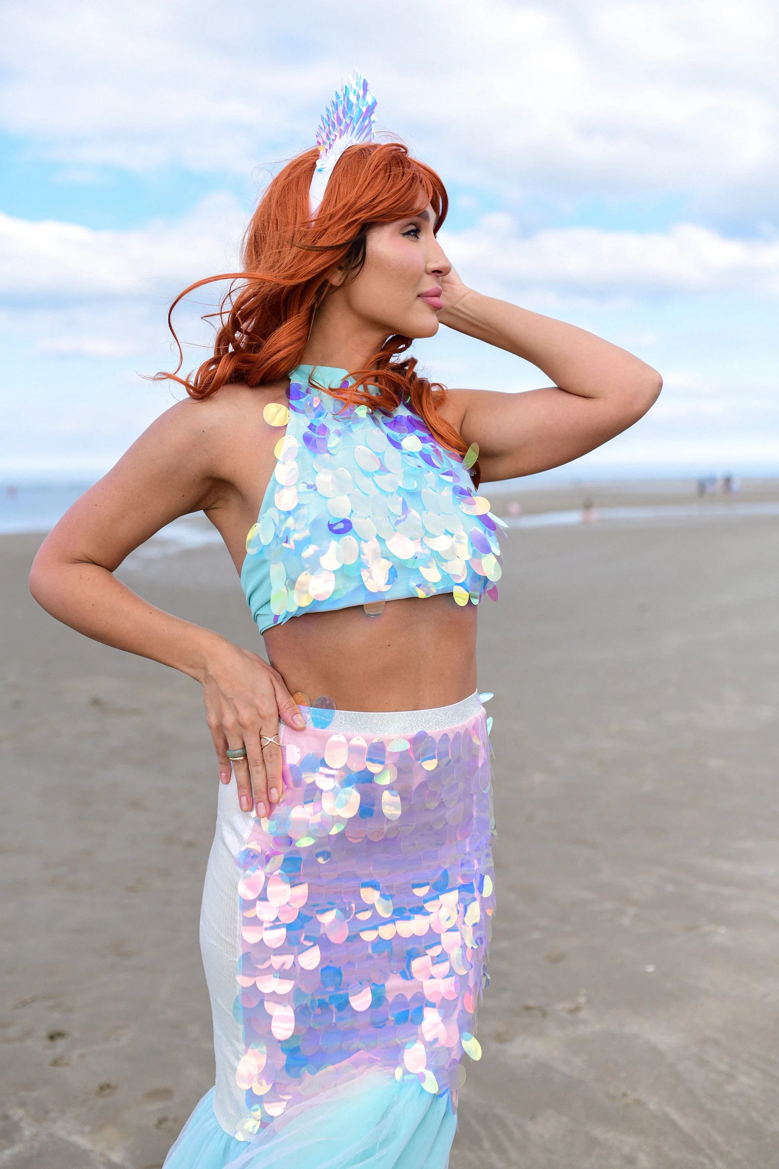 Adult Mermaid Costume - Sequin Crop Top, Tulle Mermaid Tail Skirt & Crown for Beach Parties