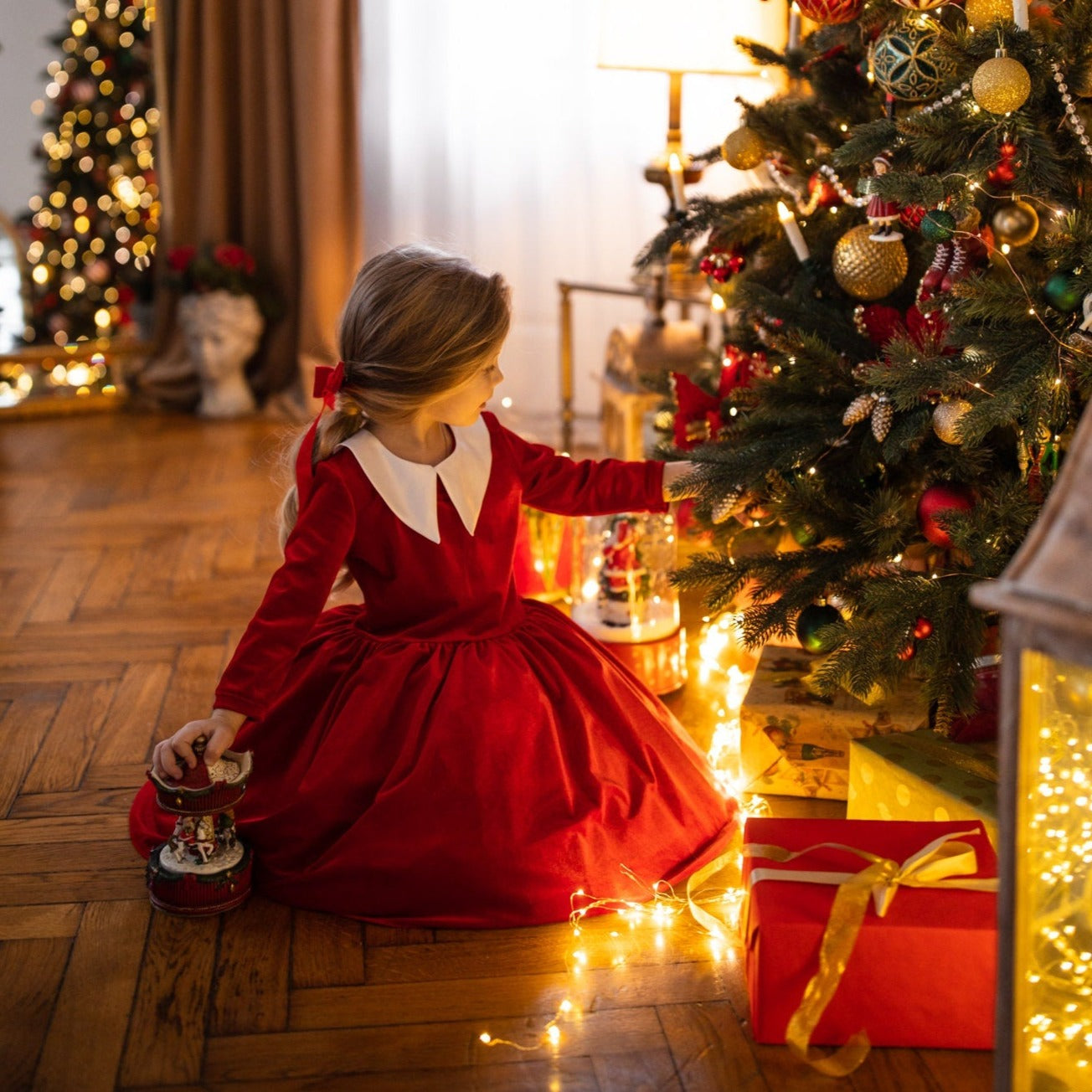 Red Baby Girl Dress With Collar Vintage Velour Dress