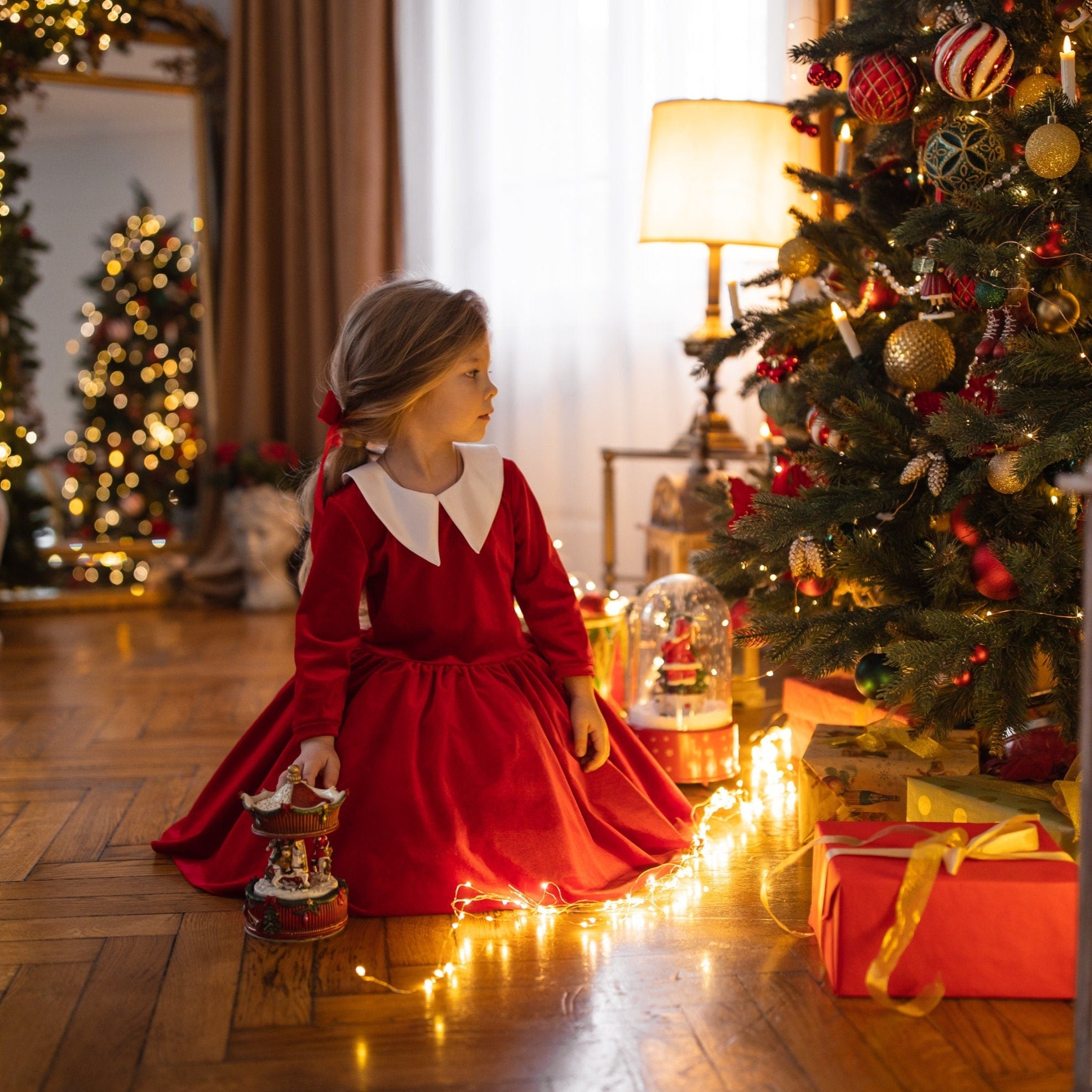 Red Baby Girl Dress With Collar Vintage Velour Dress