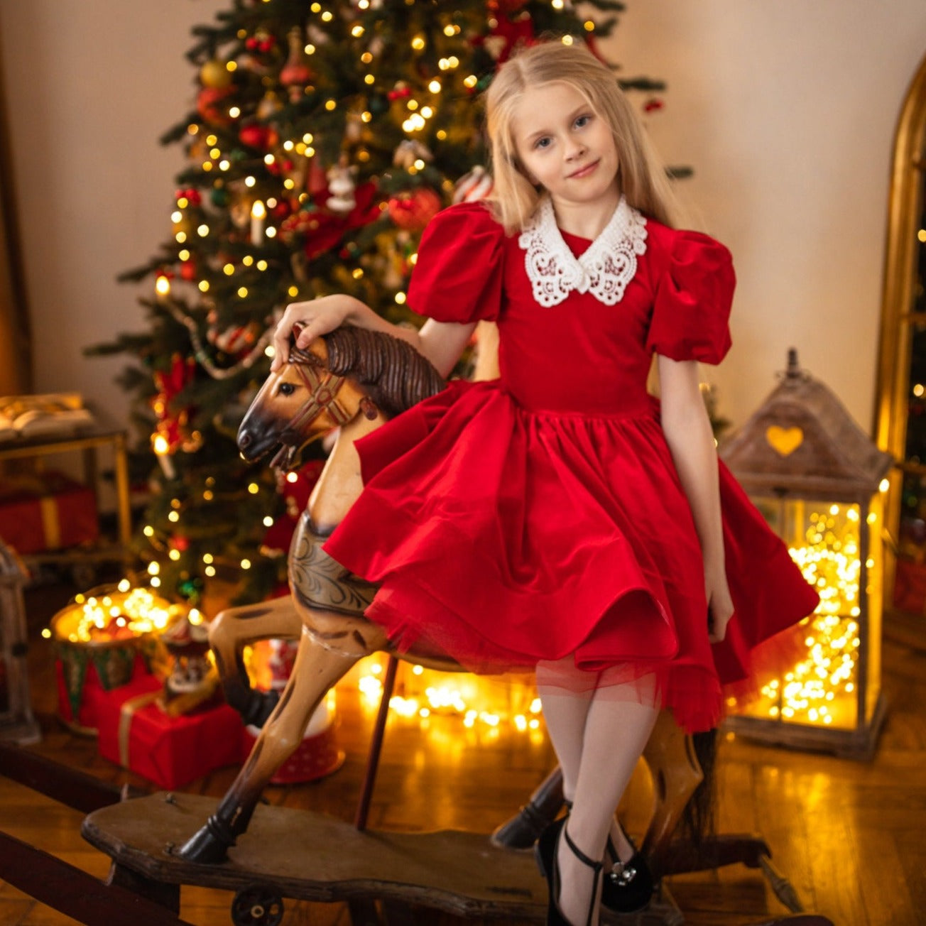 Red Velour Girl Christmas Dress With Collar