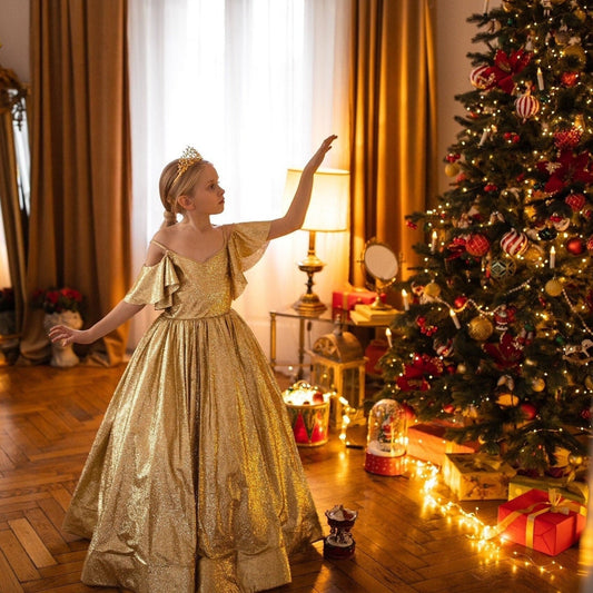 Christmas Gold Glitter Girl Cinderella Dress, Puffy Flower Girls