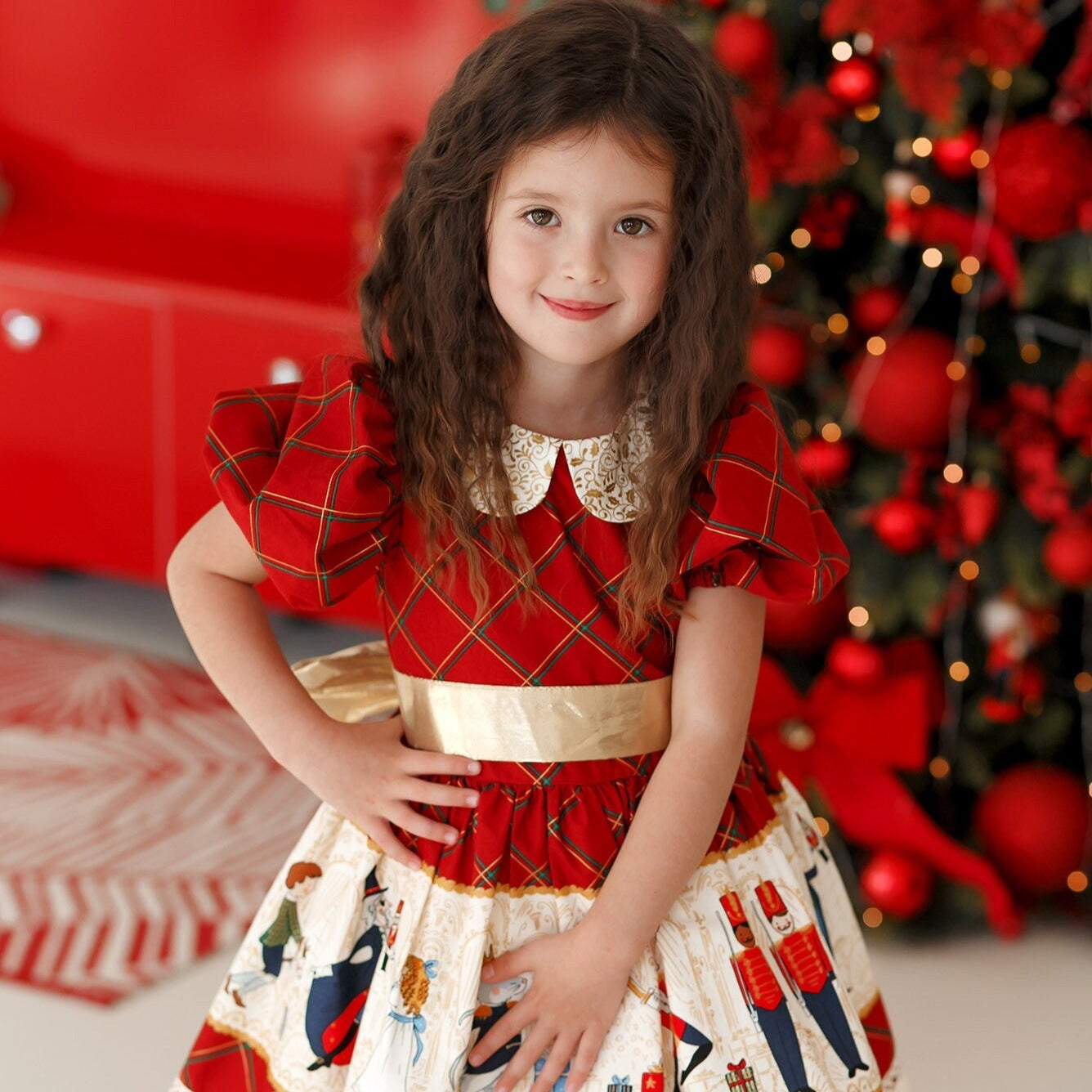 Christmas Tartan Red Dress Long Sleeve Cotton Dress