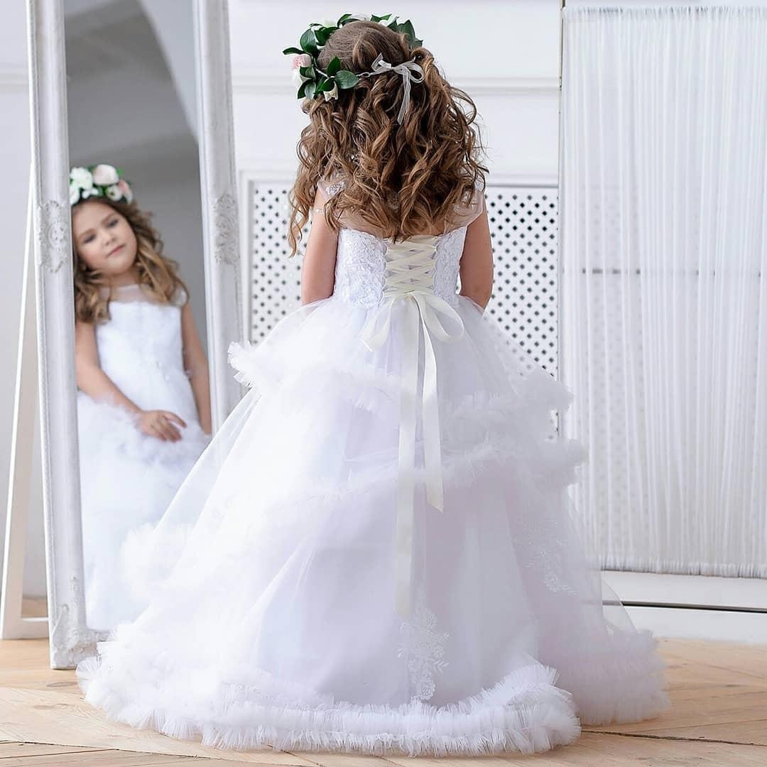 White Tutu Flower Girl Dress Lace First Communion Wedding Dress