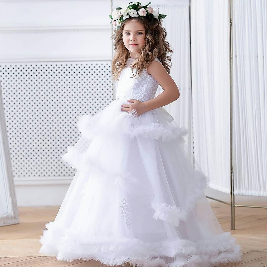 White Tutu Flower Girl Dress Lace First Communion Wedding Dress