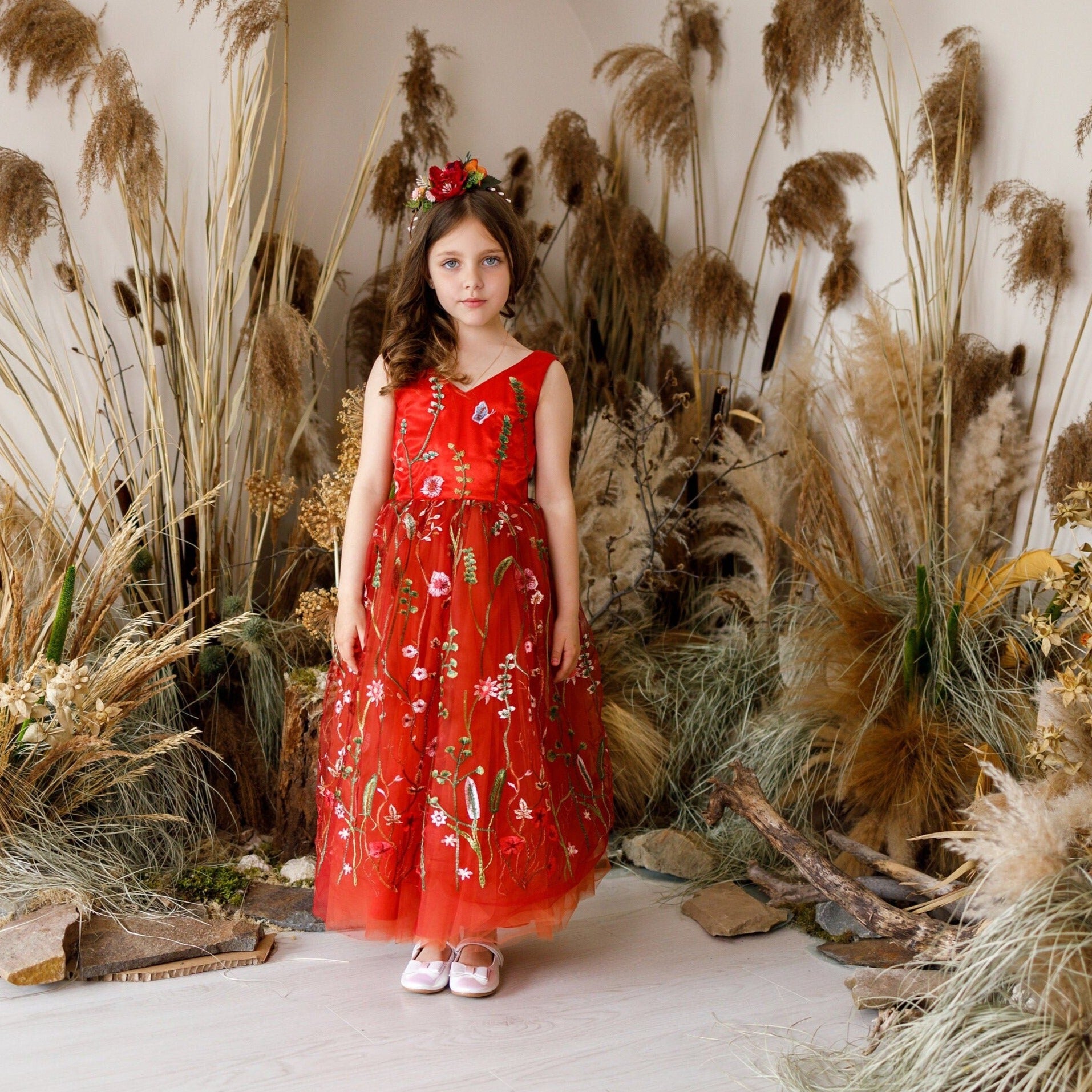 Burn Orange Girl Wedding Dress, Birthday Lace Embroidered Fairy Dress