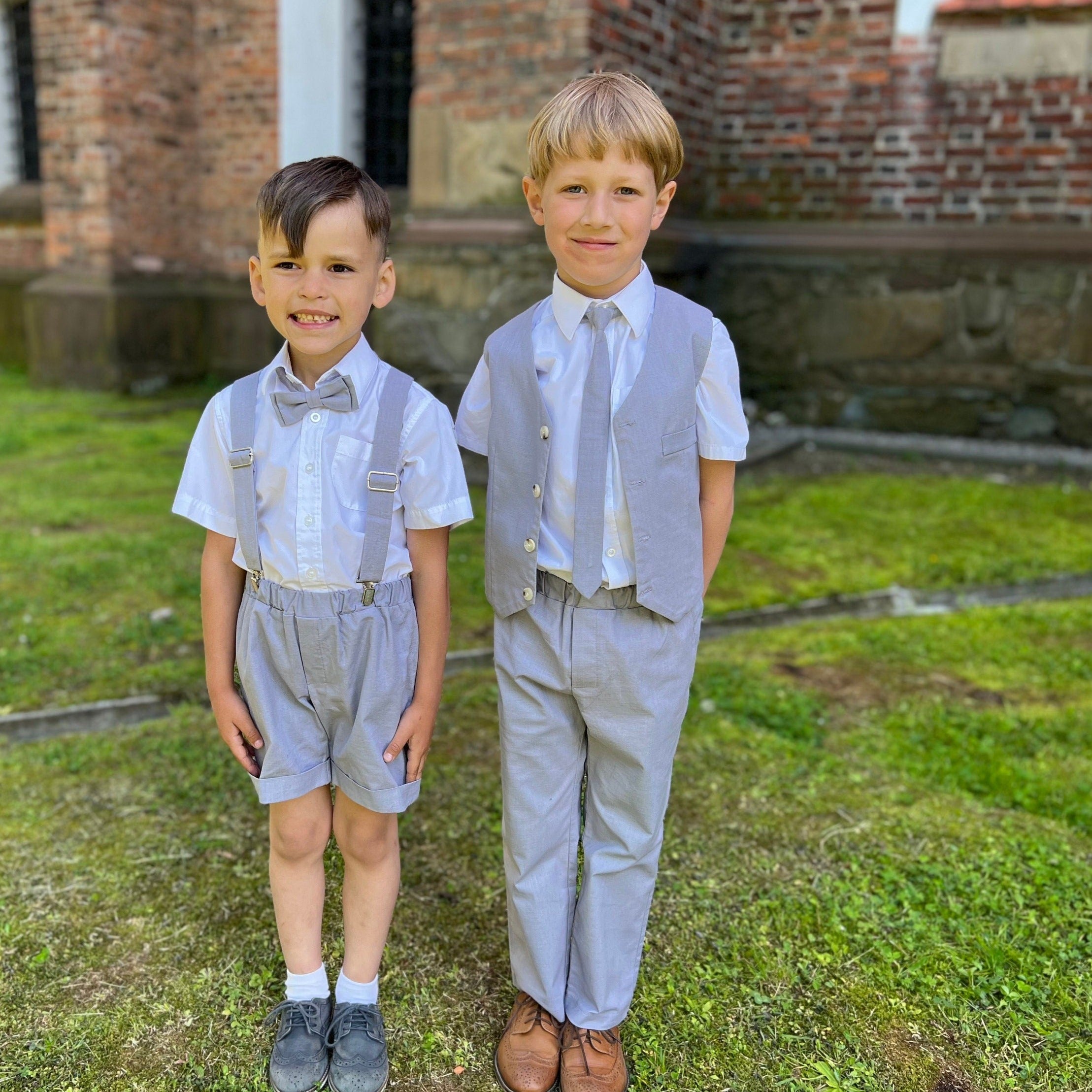 Boy Linen Grey Suit With Suspender Pants Vest And Tie