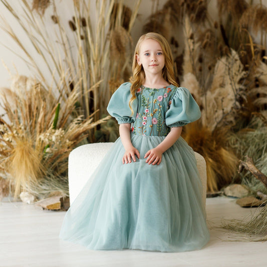 Sage Green Embroidered Boho Dress, Mint Tulle for Wedding