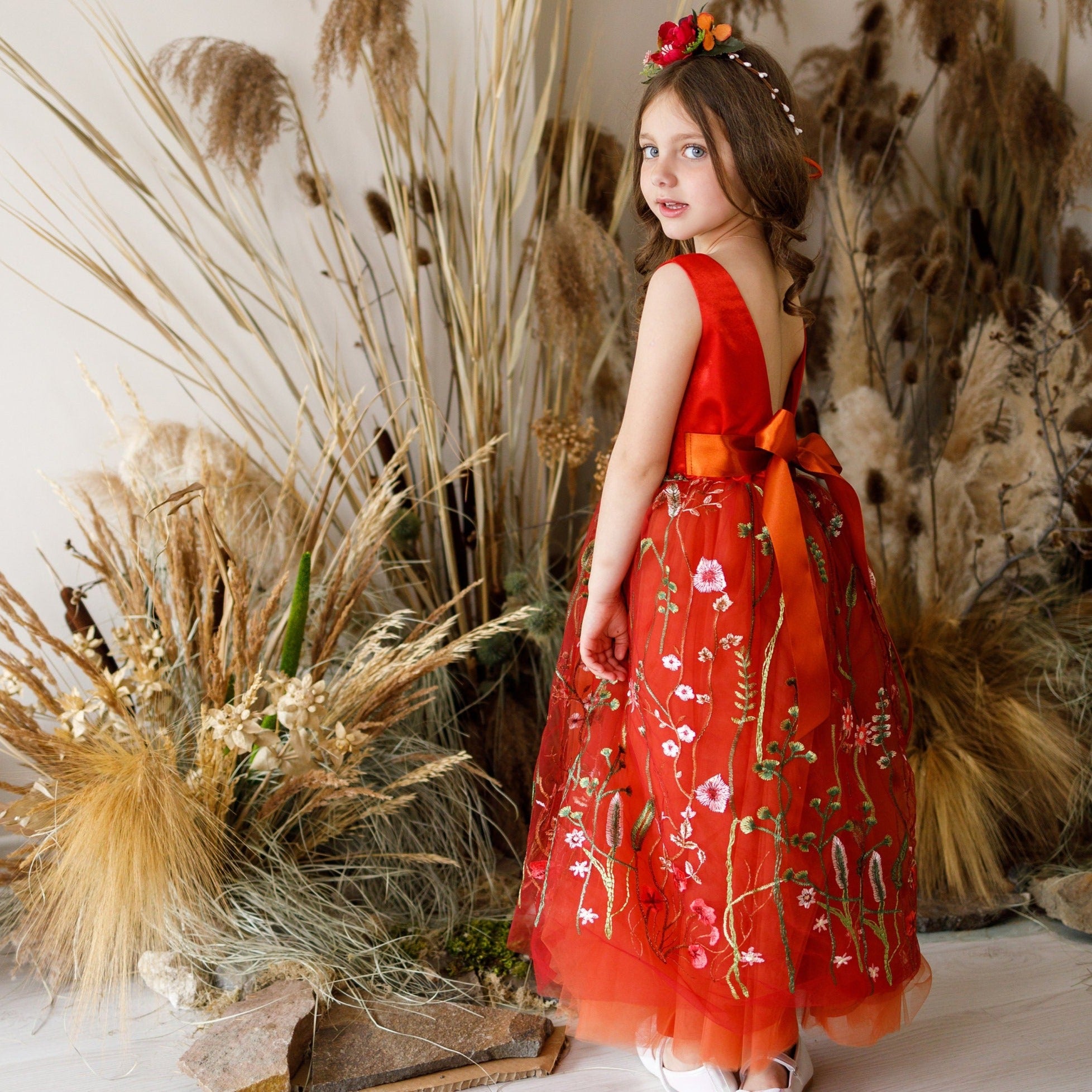 Burn Orange Girl Wedding Dress, Birthday Lace Embroidered Fairy Dress